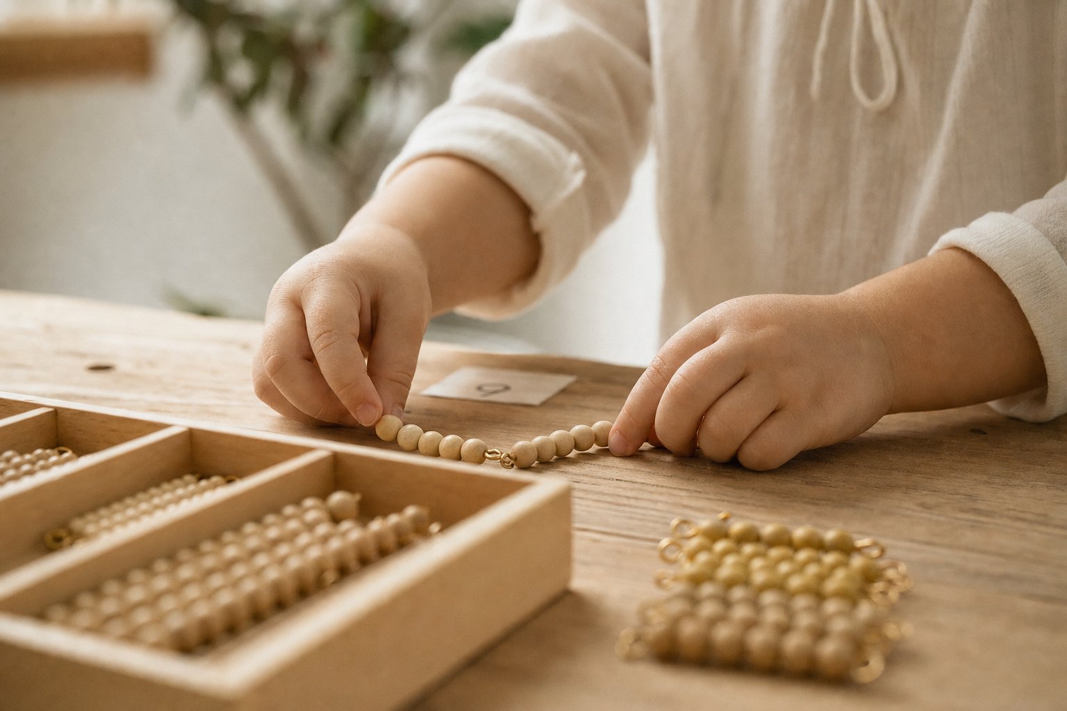 A child's hands placing wooden Montessori bead materials on a table