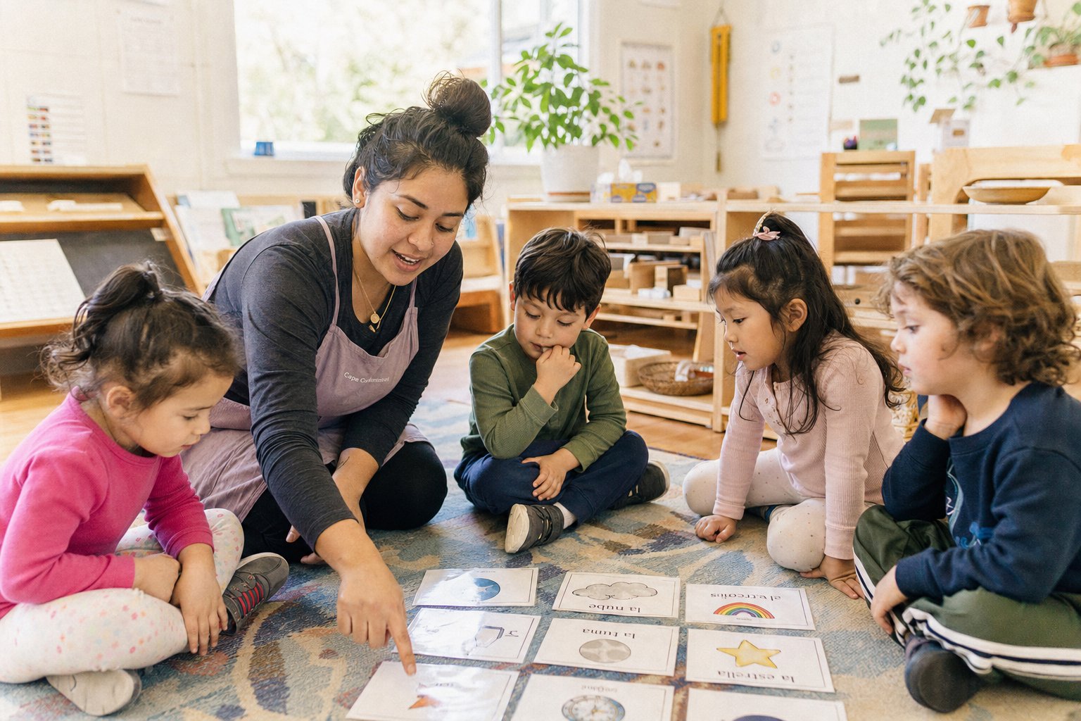Toddlers exploring picture cards and play materials
