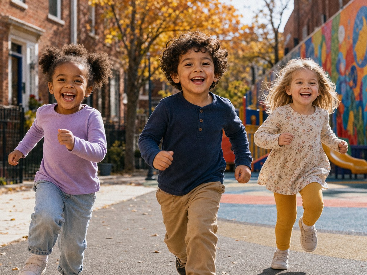 Three preschoolers running and laughing on a DC neighborhood playground
